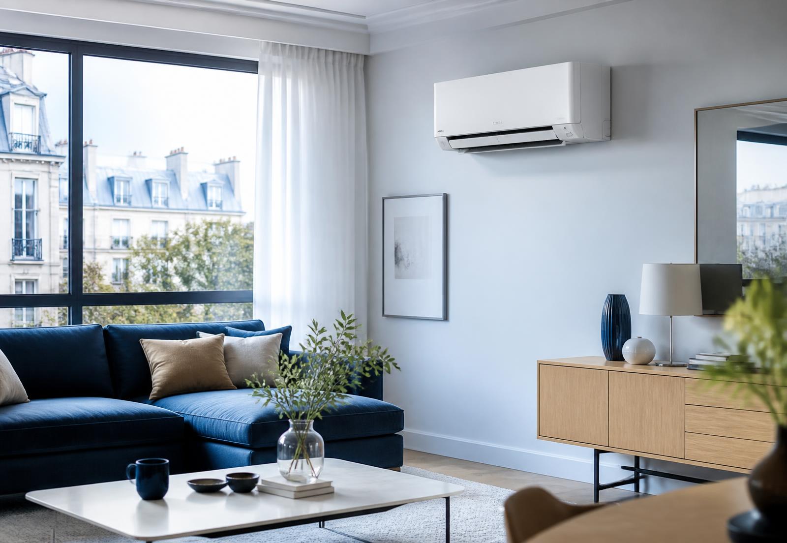 Climatisation réversible murale installée dans un salon francilien